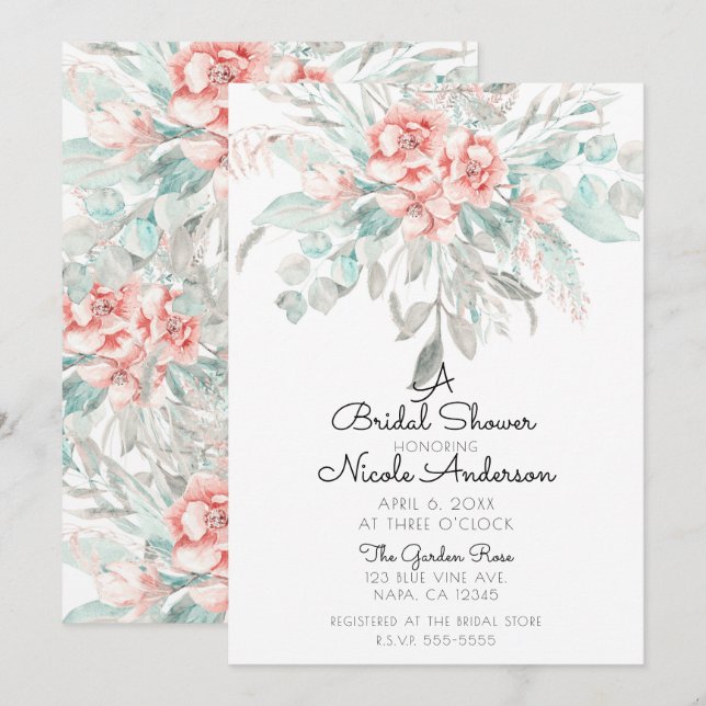 Soft Spring Summer Floral Greenery Bridal Shower Invitation (Front/Back)
