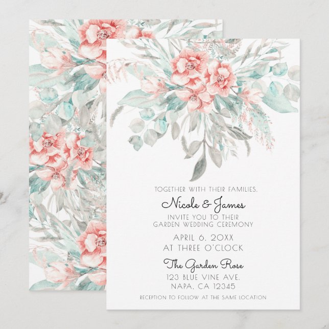 Soft Spring Summer Floral Greenery Elegant Wedding Invitation (Front/Back)