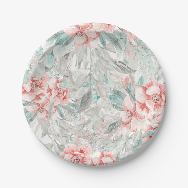 Soft Spring Summer Floral Greenery Elegant Wedding Paper Plate (Front)