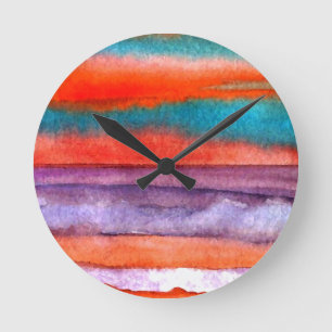 Soft Sun Play Beach Sunset Ocean Waves Art Round Clock