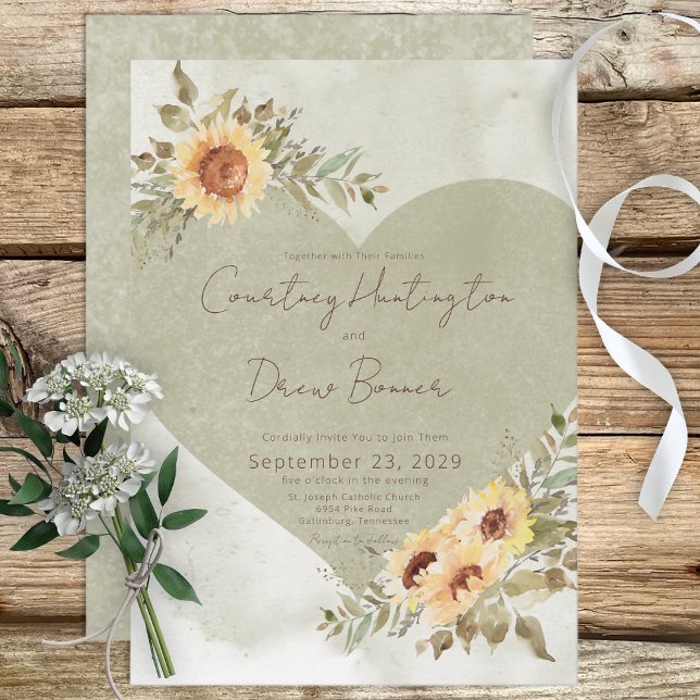 Soft Sunflowers Boho Heart Wedding Invitation (Creator Uploaded)
