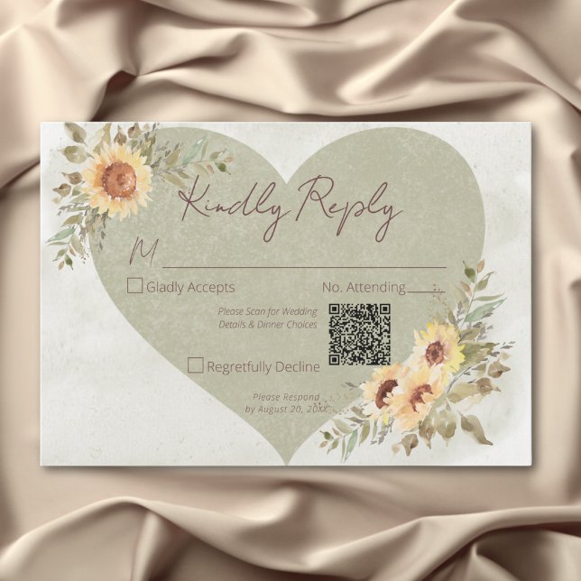 Soft Sunflowers Boho Heart Wedding QR Code RSVP Card (Soft Sunflowers Boho Heart Wedding QR Code RSVP Card)