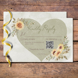Soft Sunflowers Boho Heart Wedding QR Code RSVP Card