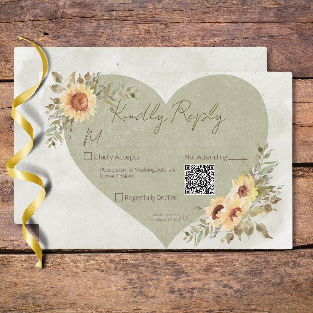 Soft Sunflowers Boho Heart Wedding QR Code RSVP Card (Soft Sunflowers Boho Heart Wedding QR Code RSVP Card)