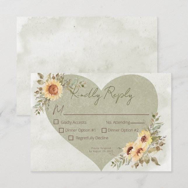 Soft Sunflowers Boho Heart Wedding  RSVP Card (Front/Back)
