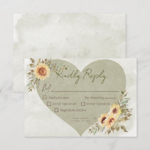 Soft Sunflowers Boho Heart Wedding  RSVP Card