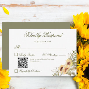 Soft Sunflowers Green Wedding QR Code RSVP Card