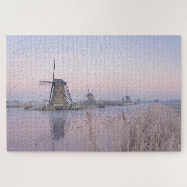 Soft sunrise light in winter over windmills jigsaw puzzle (Horizontal)