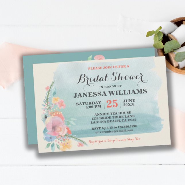 Soft & Sweet Teal Pink Boho Floral Bridal Shower Invitation (SWEET TEAL PINK BOHO FLORAL BRIDAL SHOWER INVITATION)
