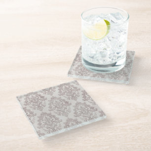 Soft Taupe Damask Watercolor Classic Floral Glass Coaster
