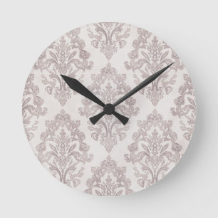 Soft Taupe Damask Watercolor Classic Floral Round Clock