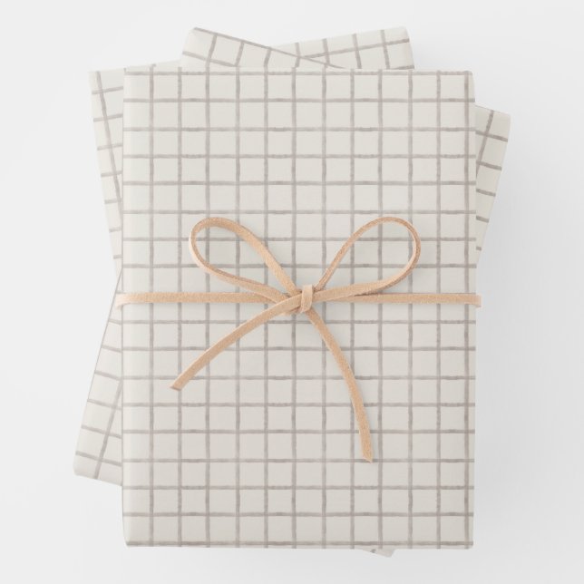 Soft Taupe Watercolor Windowpane Check Pattern Wrapping Paper Sheet (In situ)