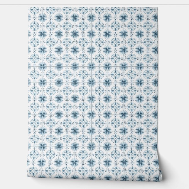 Soft Teal Blossom Medley Mini Teal, White Coastal Wallpaper (Unrolling)