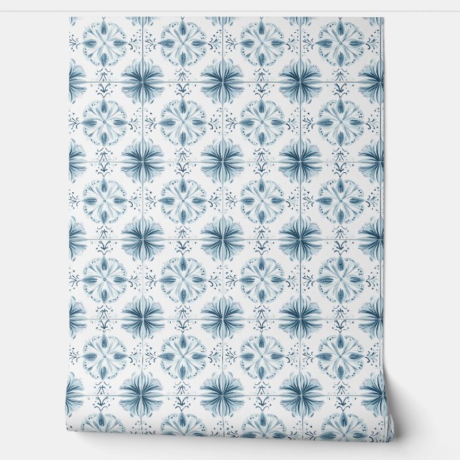 Soft Teal Blossom Medley Petite - Teal, White  Wallpaper (Unrolling)