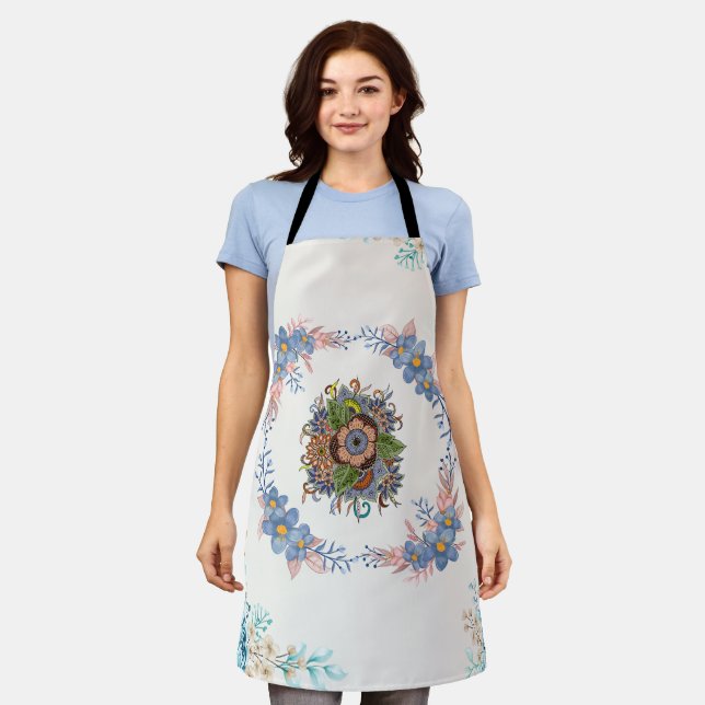 Soft Teal Blossoms – Calm Watercolor Apron (Worn)