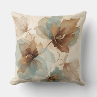 Soft Teal Blue Brown Tan Rustic Watercolor Floral Cushion