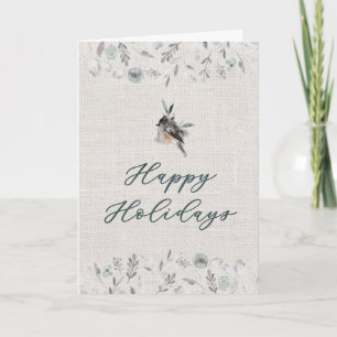 Soft Teal Blue Rustic Farmhouse Burlap Winter Bird Holiday Card