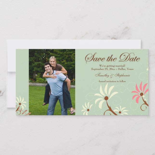 Soft teal + cream floral wedding save the date (Front)