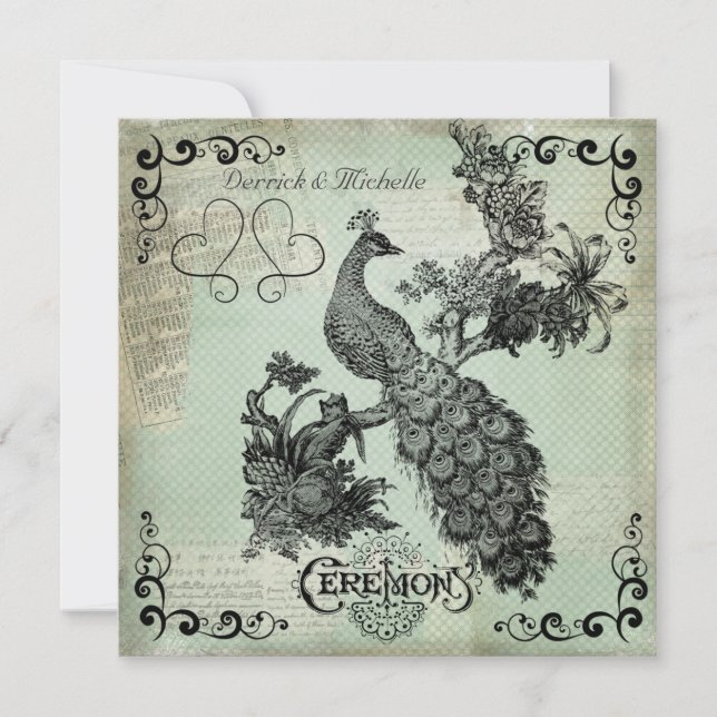 Soft Teal Crosshatch Peacock Wedding Invitation (Front)