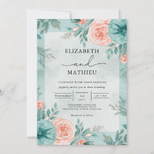 Soft Teal Floral Border Wedding Invitation