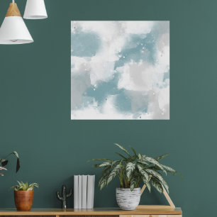 Soft Teal Grey & White Abstract Brushstrokes Poster