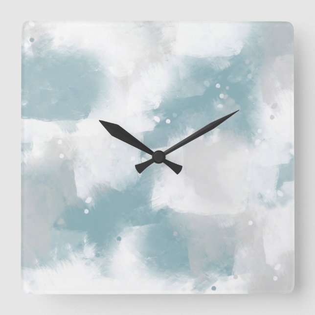 Soft Teal Grey & White Abstract Brushstrokes Square Wall Clock (Front)
