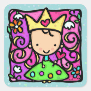 Soft teal little girly princess golden crown heart square sticker
