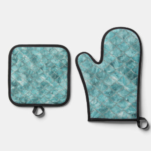 Soft Teal Mermaid Print Oven Mitt & Pot Holder Set