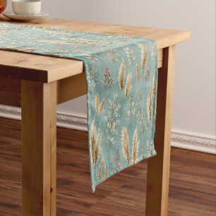 Soft Teal Pampas Grass Botanical  Short Table Runner