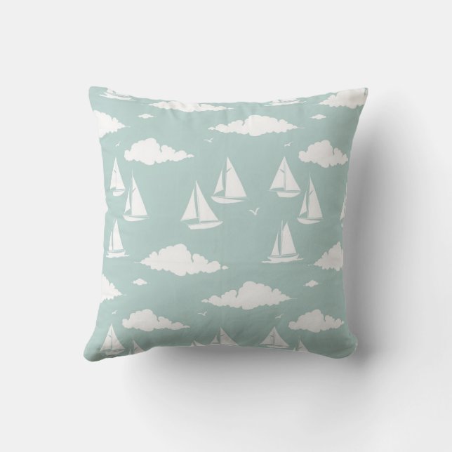 Soft Teal Sailboat and Cloud Coastal Pattern Cushion (Back)