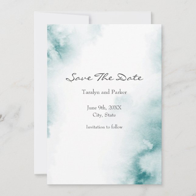 Soft Teal Watercolor Abstract Frame Save The Date (Front)