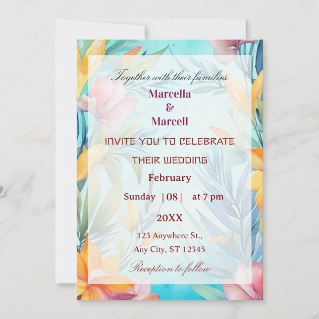 Soft Teal Watercolor Floral Frame Invitation (Front)