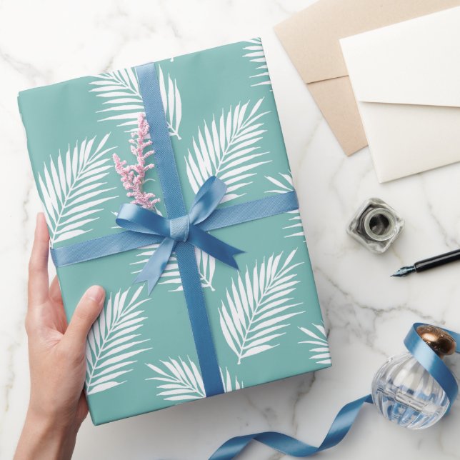 Soft Teal White Palm Fronds Pattern  Wrapping Paper (Gifting)