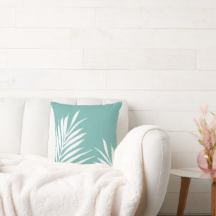 Soft Teal White Palm Leaves Cushion