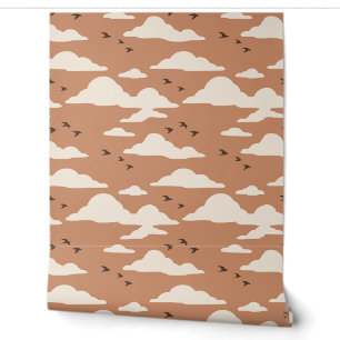 Soft Terracotta and Cream Flying Birds and Clouds Wallpaper