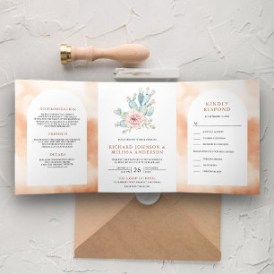 Soft Terracotta Arch Desert Floral Cactus Wedding Tri-Fold Invitation