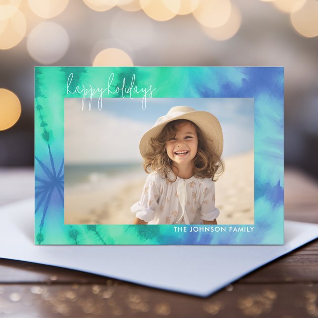 Soft Tie-Dye Retro Christmas - Horizontal Photo Holiday Card (Soft watercolor tie dye pattern in seafoam green and blue)