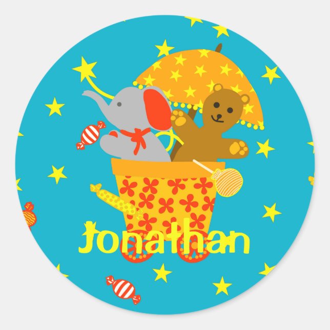 Soft Toys Flying in Starry Sky personalised  Classic Round Sticker (Front)