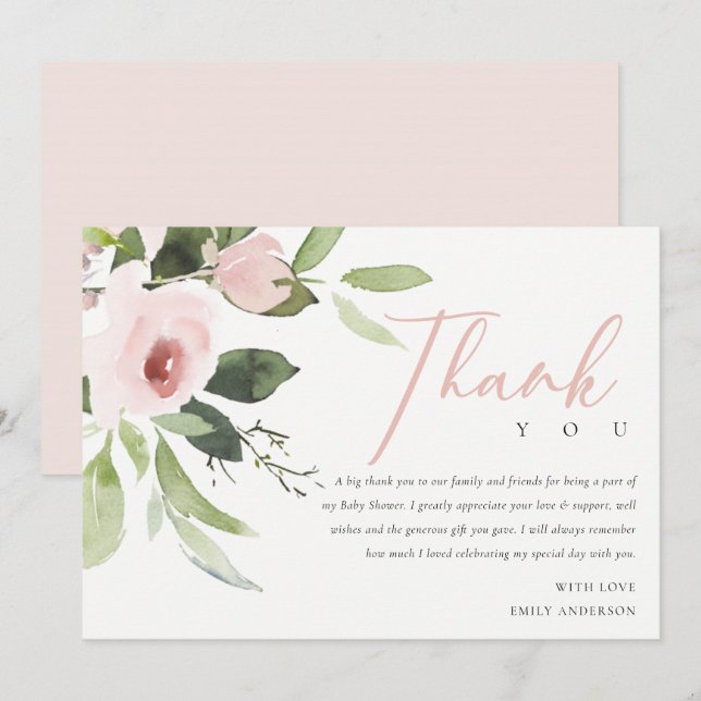 SOFT TRENDY BLUSH PINK ROSE BABY SHOWER THANK YOU INVITATION (Front/Back)