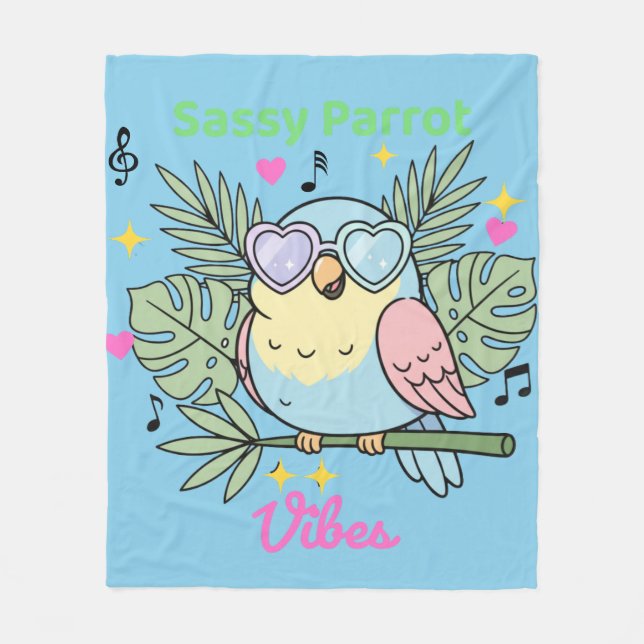 Soft Tropical "Sassy Parrot Vibes" Heart Sunglass Fleece Blanket (Front)