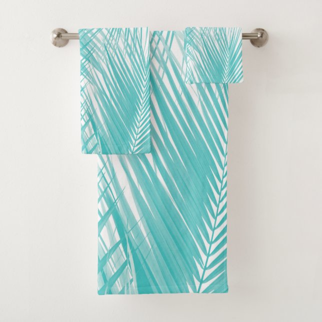 Soft Turquoise Palm Leaves Dream Cali Summer 3 Bath Towel Set (Insitu)