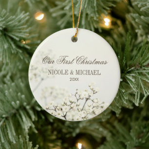 Soft Vintage Baby's Breath Our First Christmas Ceramic Tree Decoration