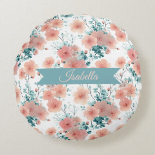 Soft Vintage Spring Pink Floral Personalized Round Cushion