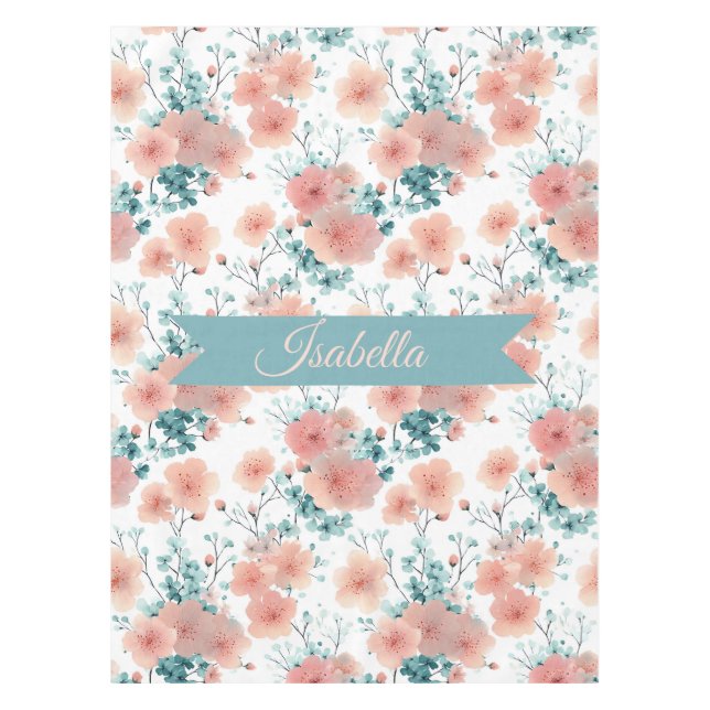 Soft Vintage Spring Pink Floral Personalized Tablecloth (Front)