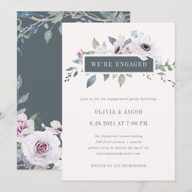 Soft Violet Floral Blush and Grey Engagement Party Invitation (Front/Back)