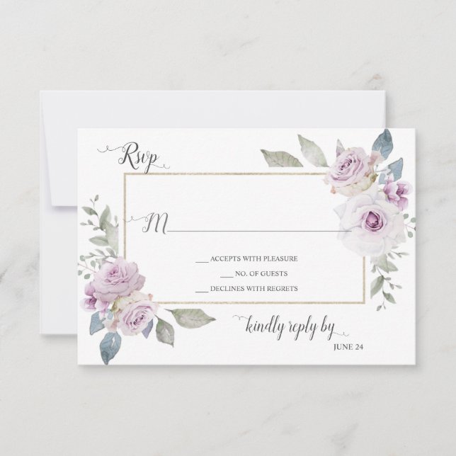 Soft Violet Lavender Purple Gold Roses RSVP Card (Front)