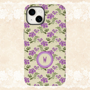 Soft Violet Pattern on Pale Yellow with Initial iPhone 14 Case