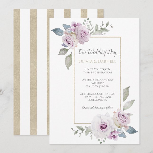 Soft Violet Purple Lavender Gold Floral Wedding Invitation (Front/Back)