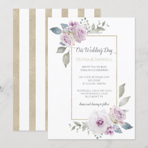 Soft Violet Purple Lavender Gold Floral Wedding Invitation