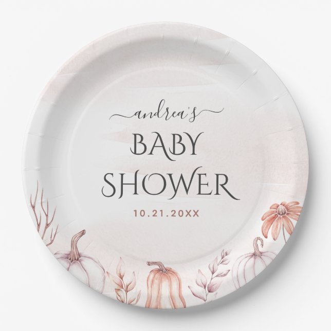Soft Warm Tone Delicate Pumpkin Fall Baby Shower Paper Plate (Front)